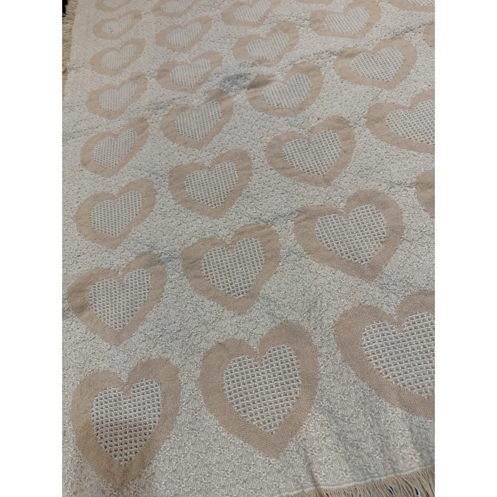 Vintage Tapestry Throw Blanket Pink White Hearts Country Chic Cottagecore